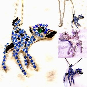 Silver plated blue and green Crystal deer necklace brooch